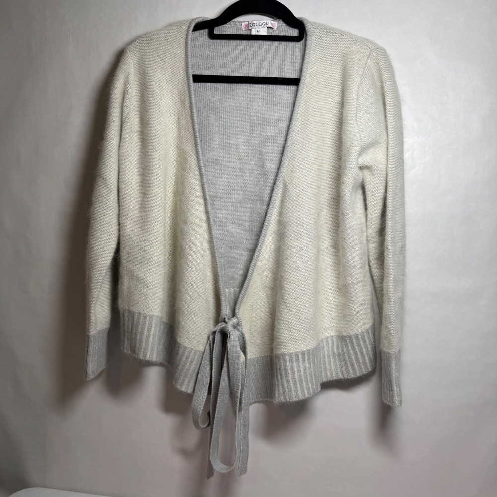 Angora Blend LOULOU Women's Soft Cardigan Sweater Tie Front Oatmeal Grey‎ Medium